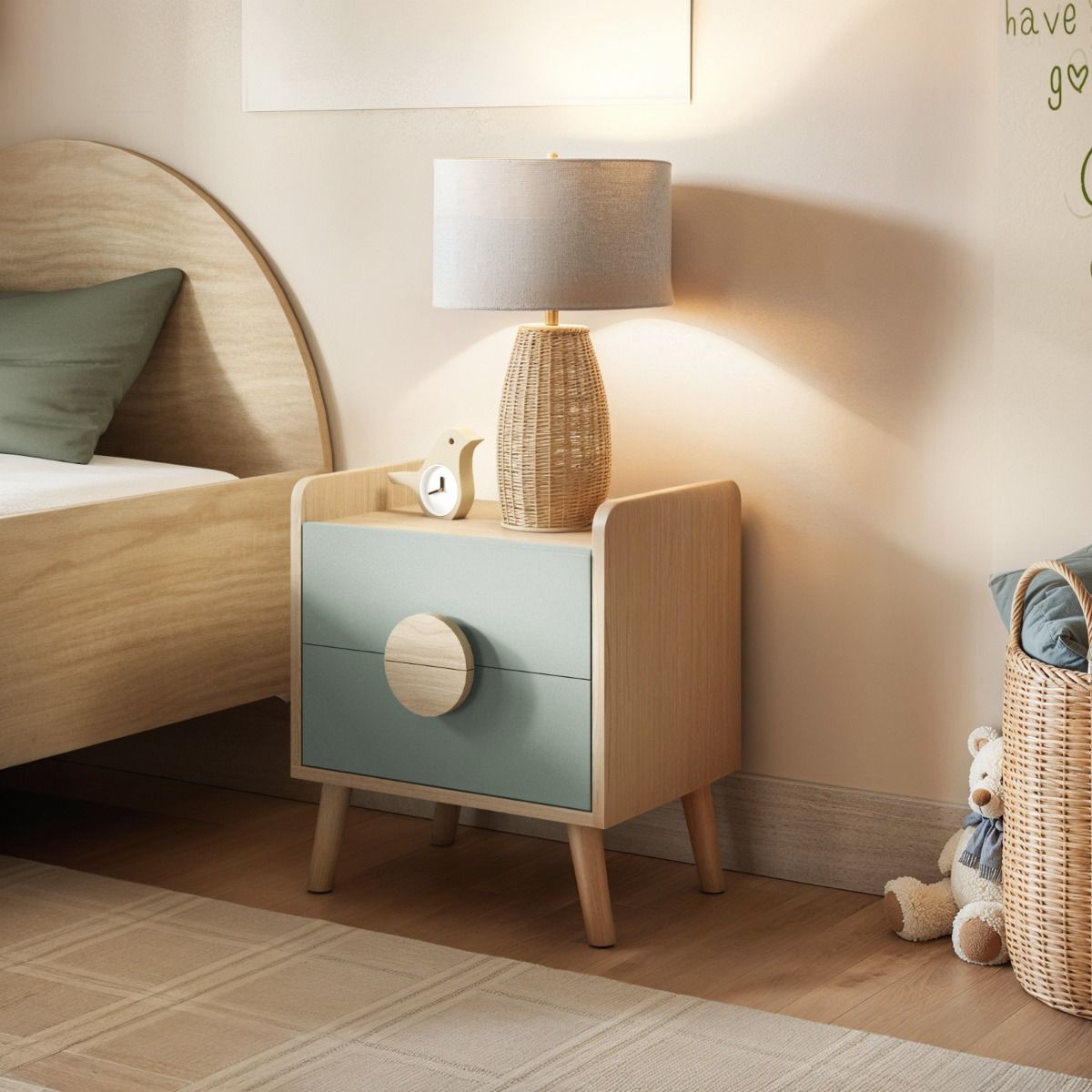 Flair Noah 2 Drawer Bedside Table Sage Green & Oak