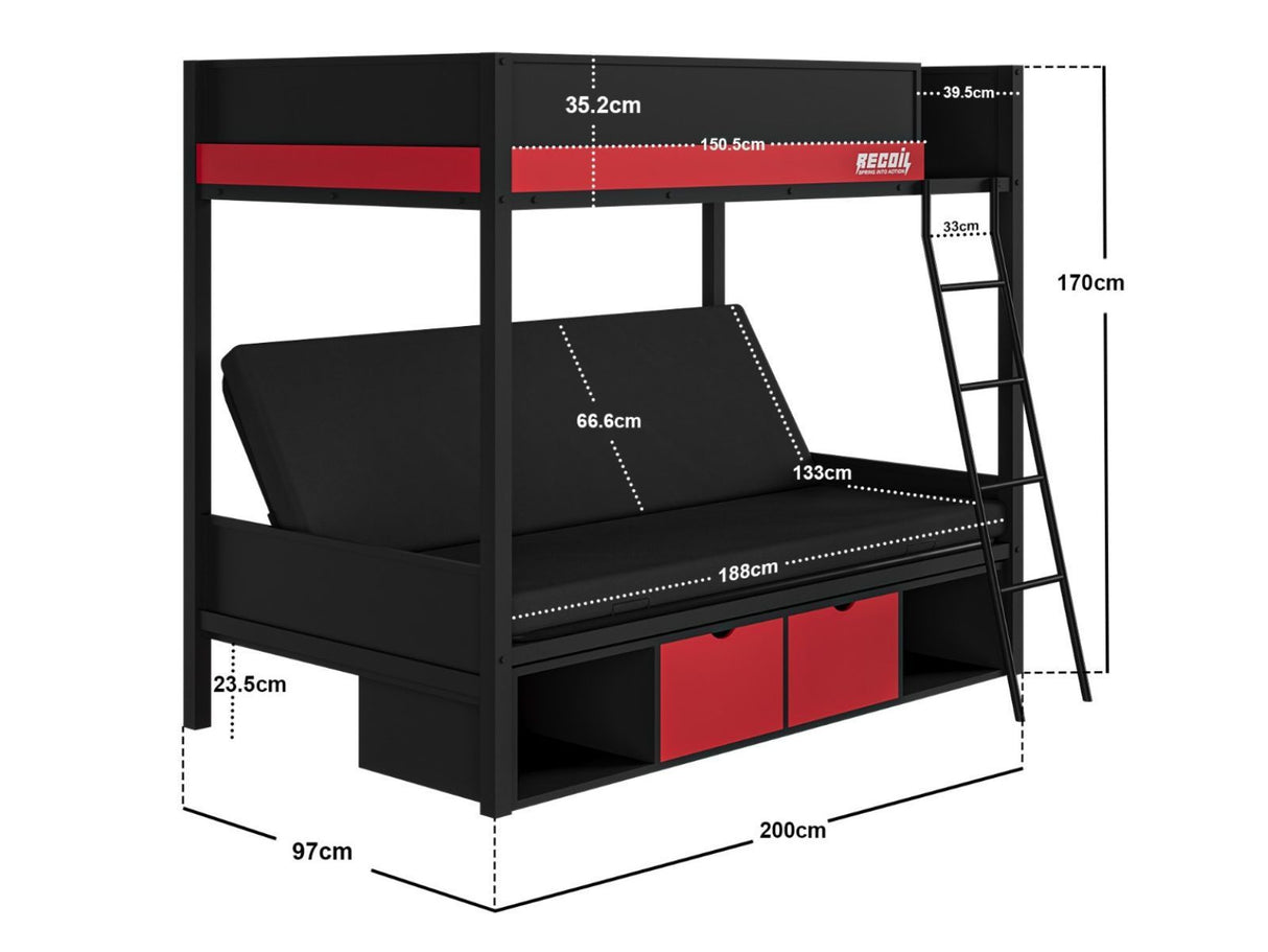 Recoil Nova Gaming Metal Bunk Bed with Futon Black & Red