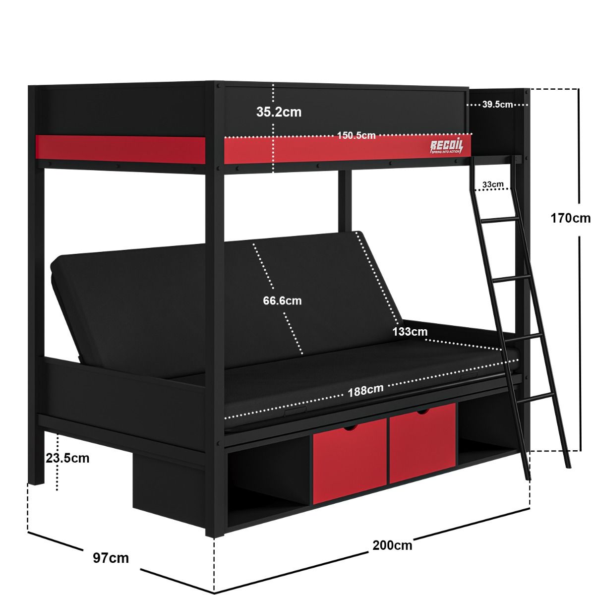 Recoil Nova Gaming Metal Bunk Bed with Futon Black & Red