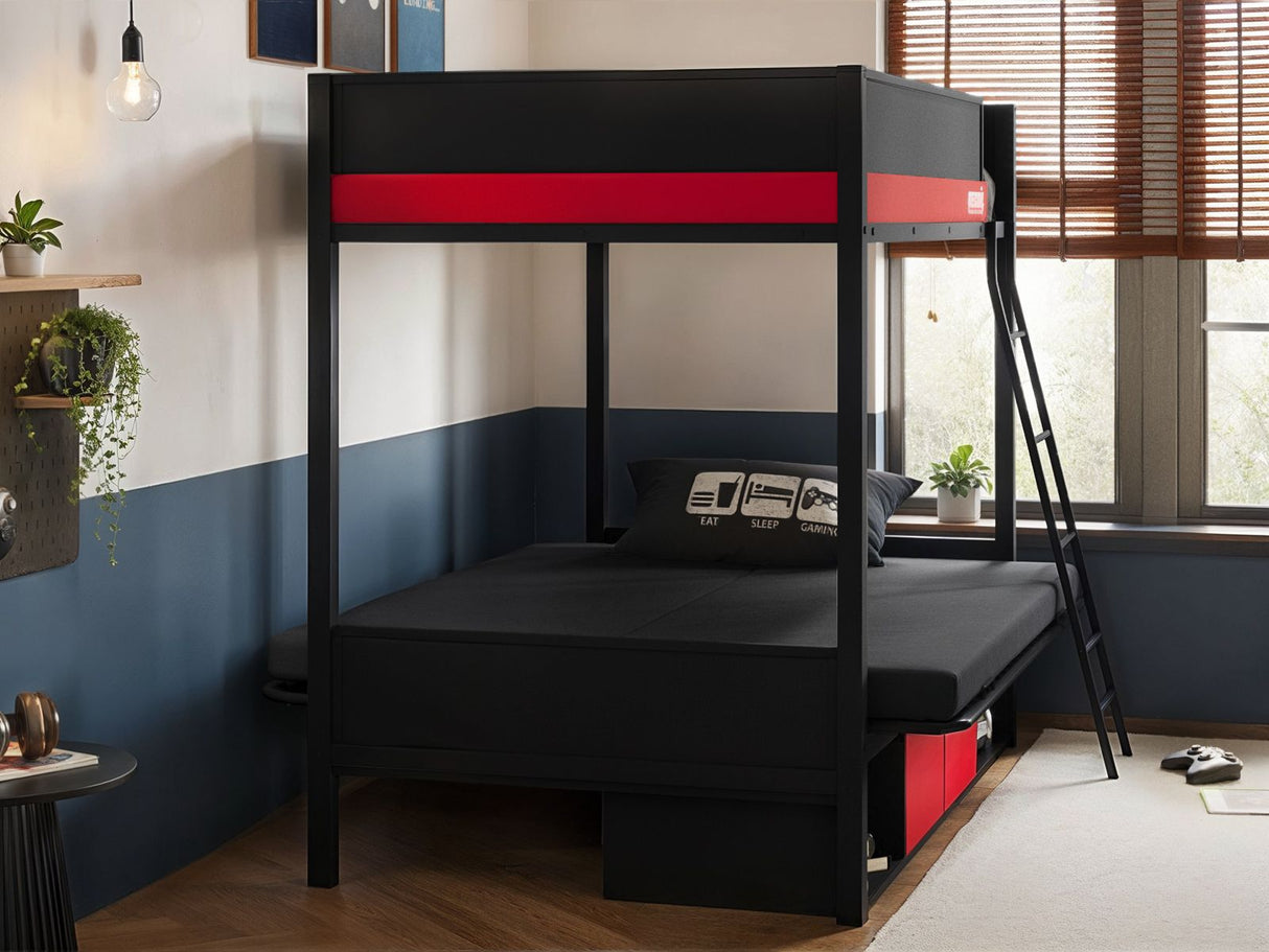 Recoil Nova Gaming Metal Bunk Bed with Futon Black & Red