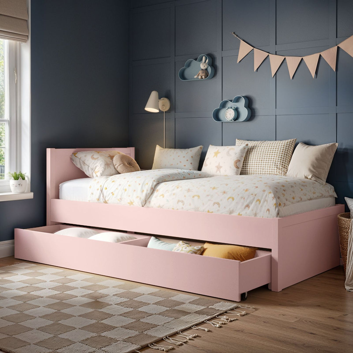 Flair Oli Single Wooden Bed with Drawers Pink