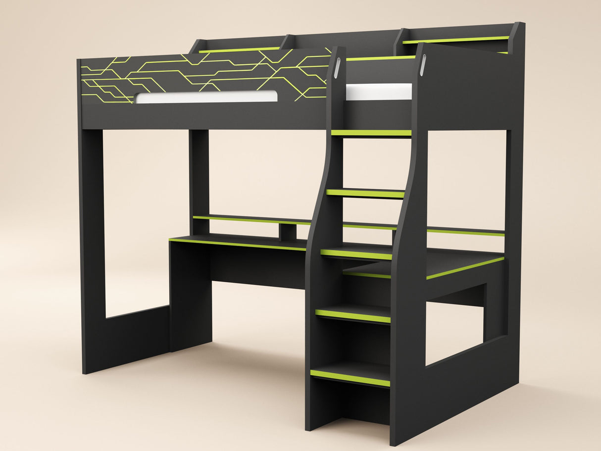 Recoil Ultimate Vivid Gaming High Sleeper with Desk Charcoal & Green Small Double