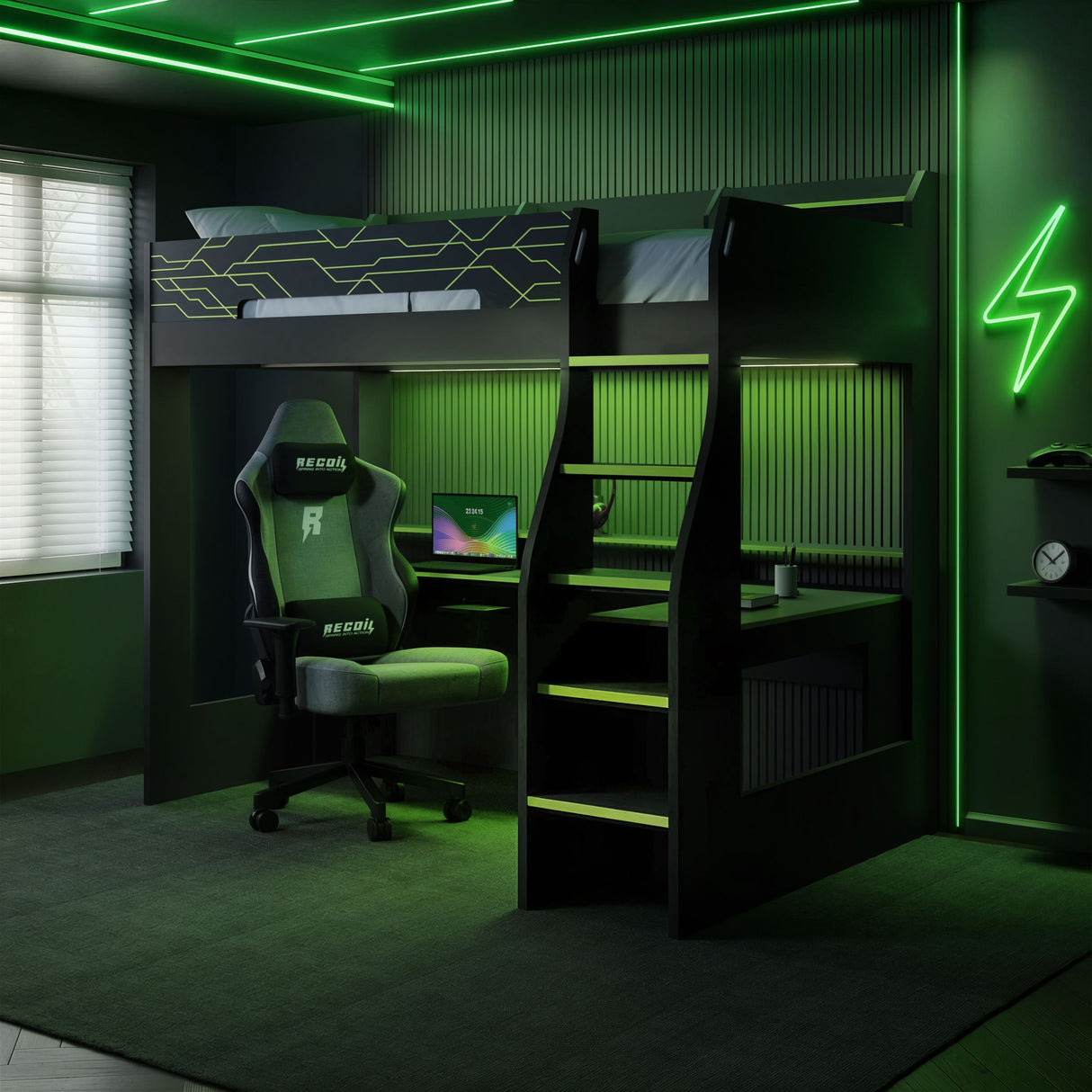 Recoil Ultimate Vivid Gaming High Sleeper with Desk Charcoal & Green Single