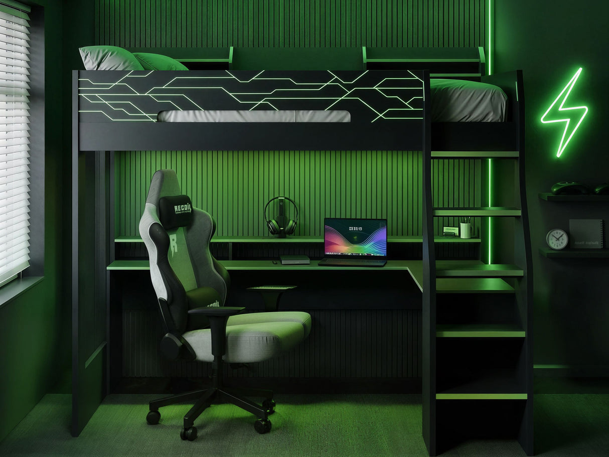 Recoil Ultimate Vivid Gaming High Sleeper with Desk Charcoal & Green Small Double