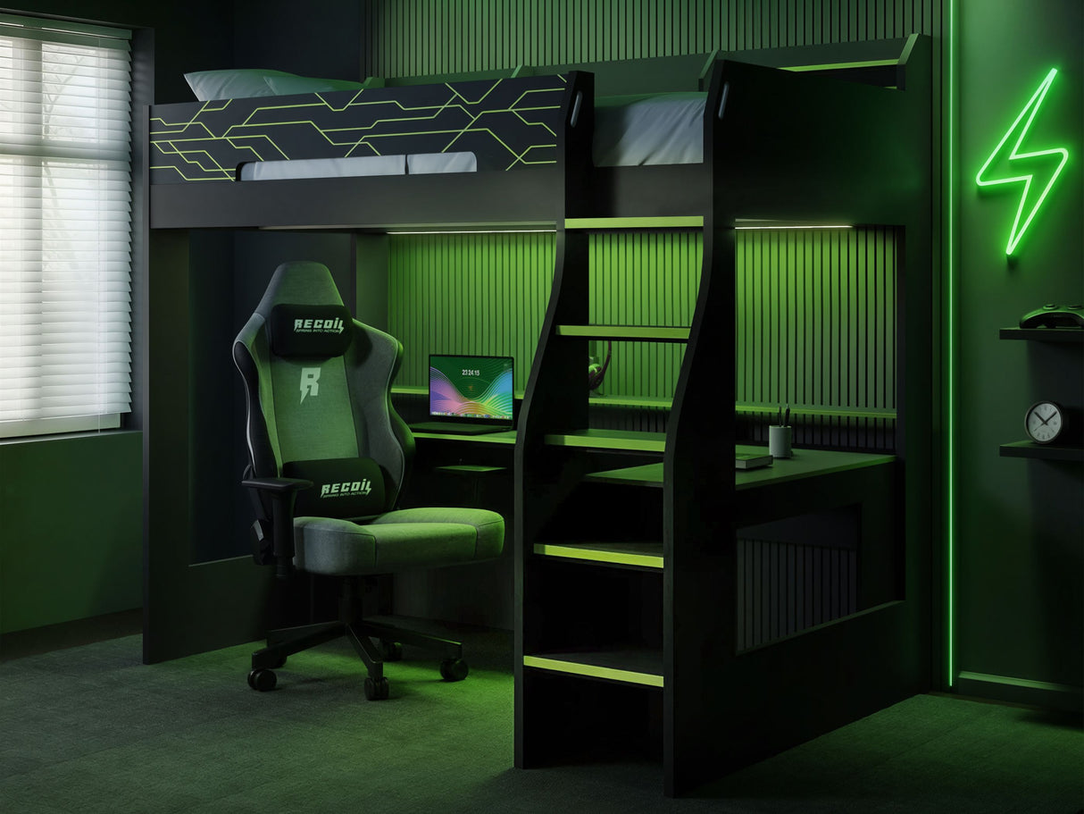 Recoil Ultimate Vivid Gaming High Sleeper with Desk Charcoal & Green Single