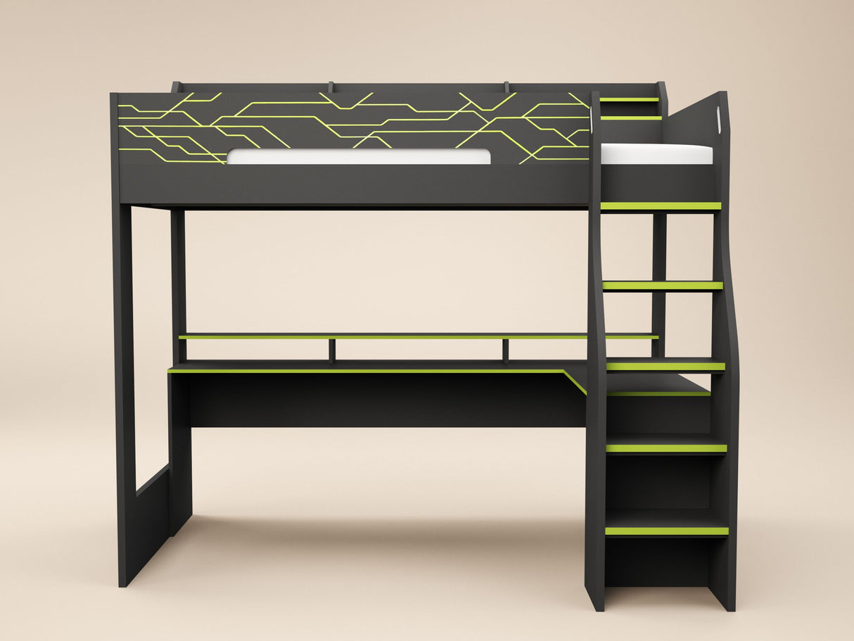 Recoil Ultimate Vivid Gaming High Sleeper with Desk Charcoal & Green Single