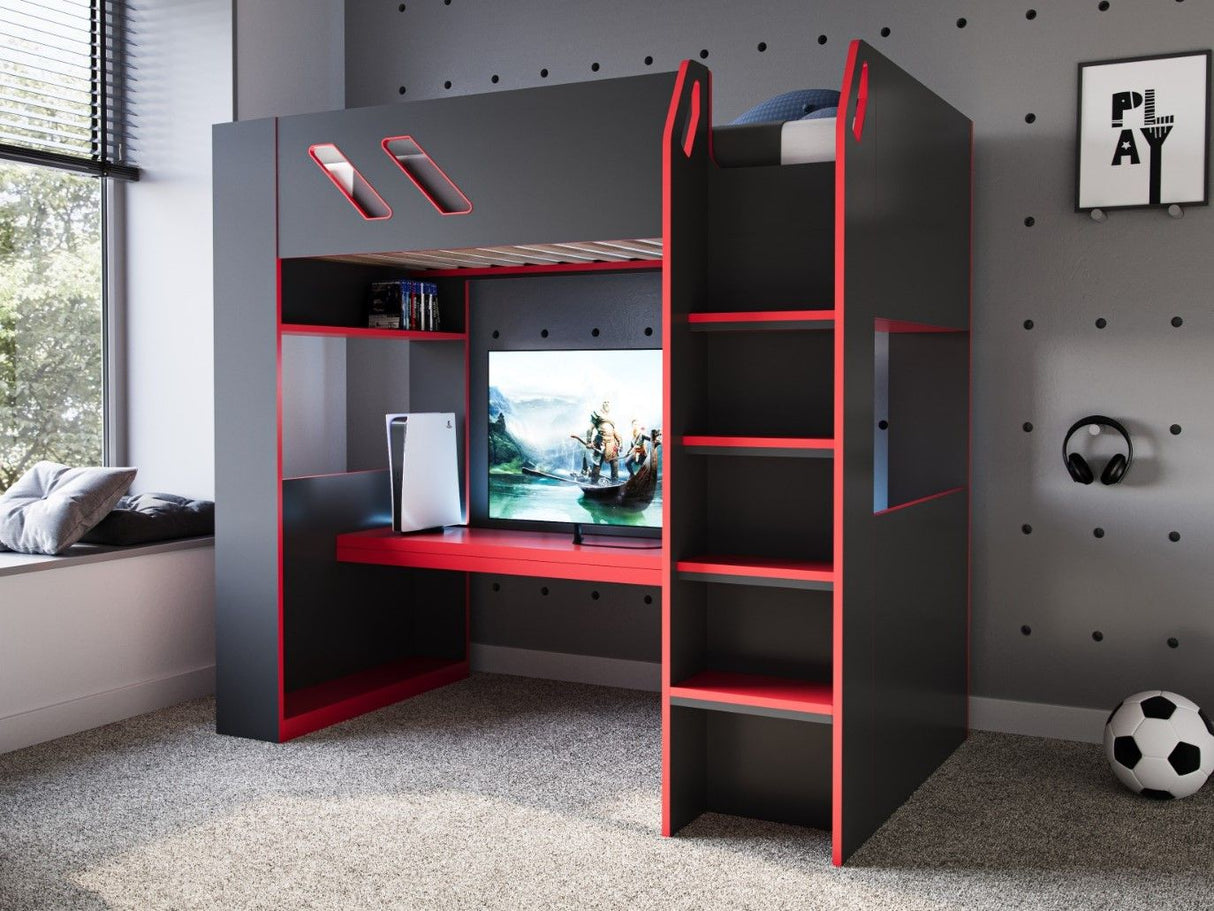 Recoil Orbit Gaming High Sleeper with Adjustable Height Desk Black & Red