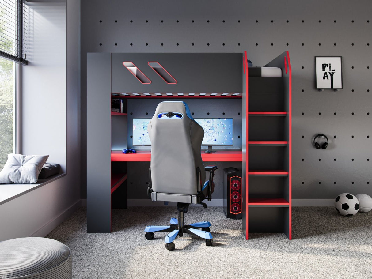 Recoil Orbit Gaming High Sleeper with Adjustable Height Desk Black & Red