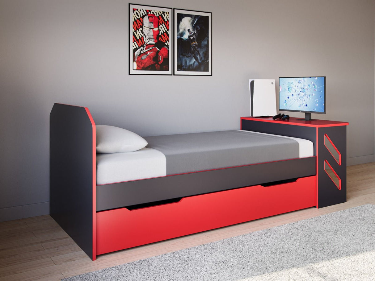 Recoil Portal Gaming Single Bed with Drawer Black & Red