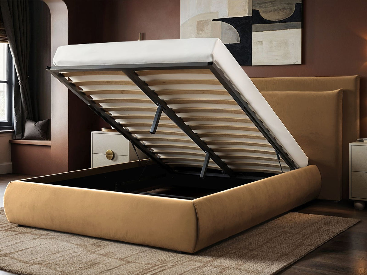 SOLACE+CO Sigrid Sand Velvet Cushion Headboard Ottoman Bed Double