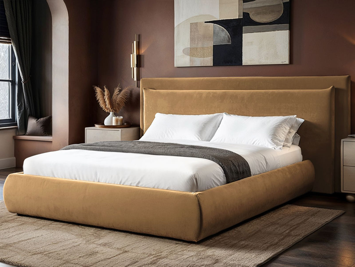 SOLACE+CO Sigrid Sand Velvet Cushion Headboard Ottoman Bed Kingsize