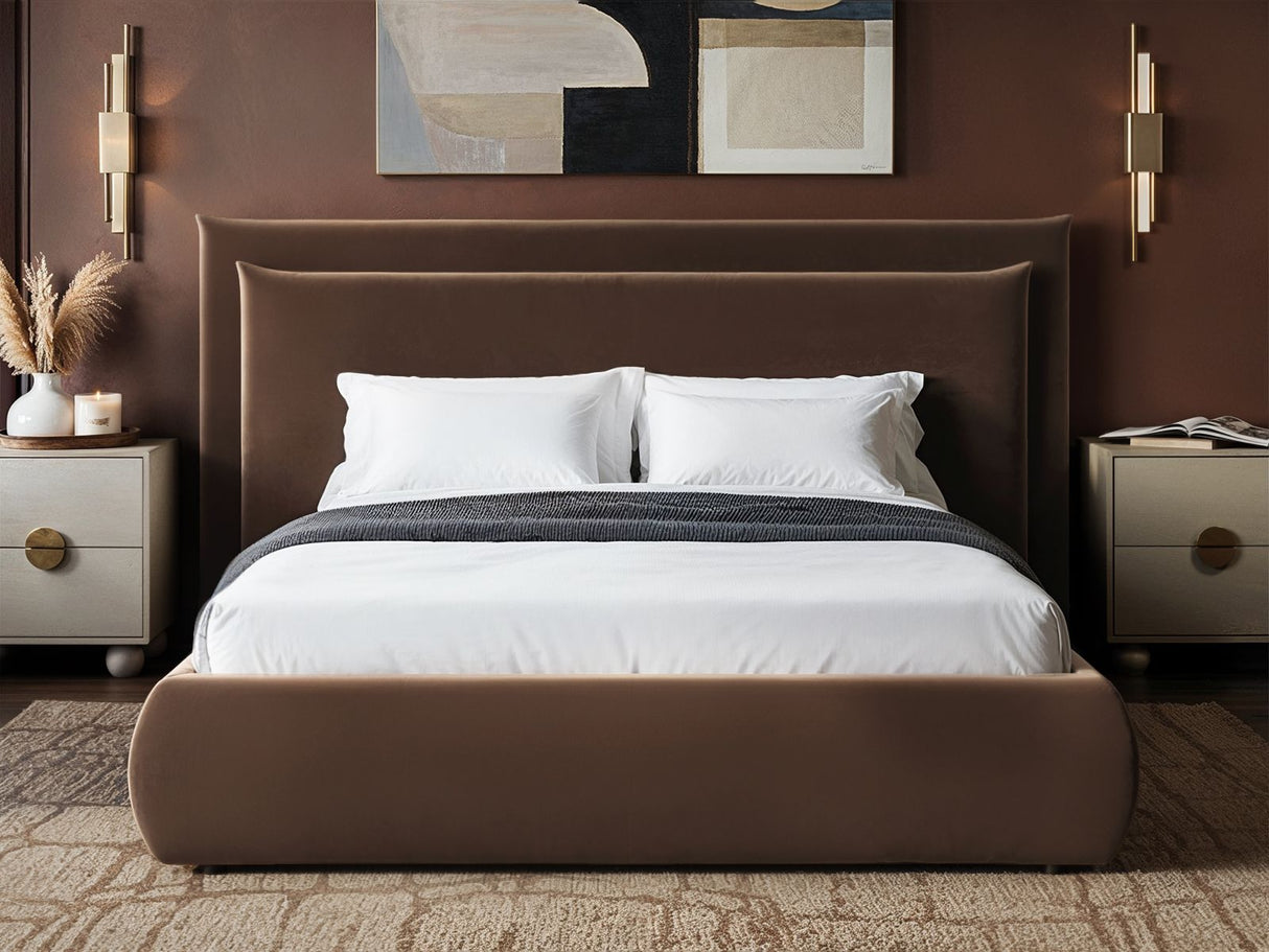 SOLACE+CO Sigrid Chocolate Velvet Cushion Headboard Ottoman Bed Double