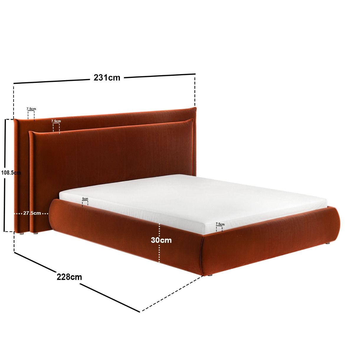 SOLACE+CO Sigrid Burnt Orange Velvet Cushion Headboard Ottoman Bed Kingsize