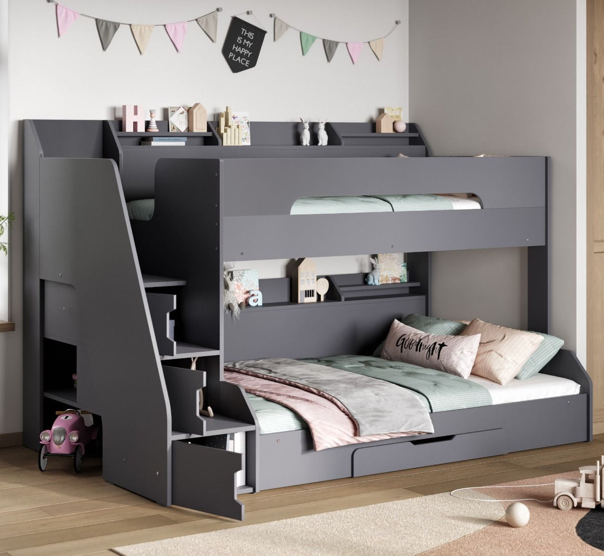 Flair Slick Staircase Triple Bunk Bed with Storage Grey