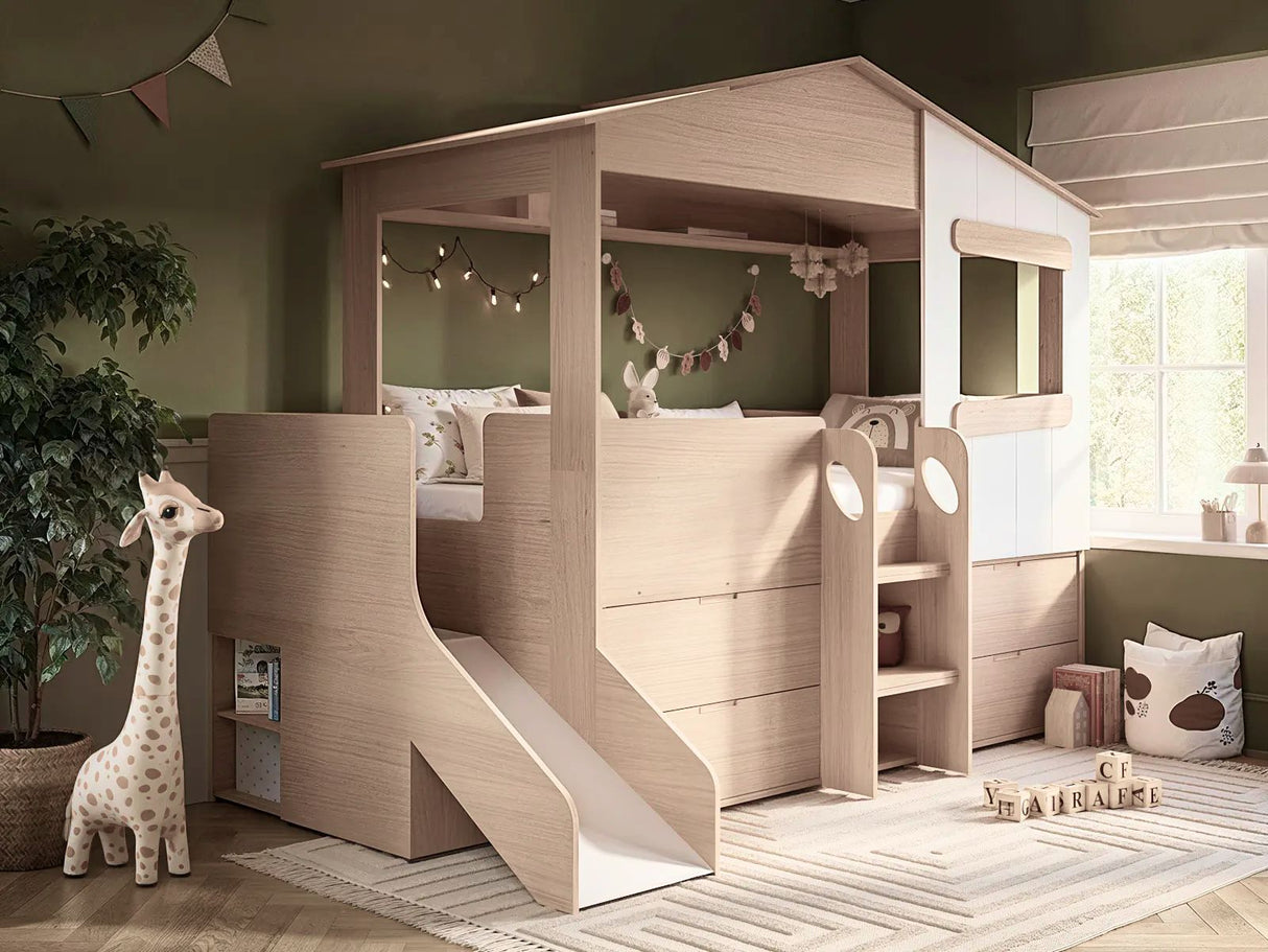 Flair Dreamland House Mid Sleeper with Slide & Storage White and Oak