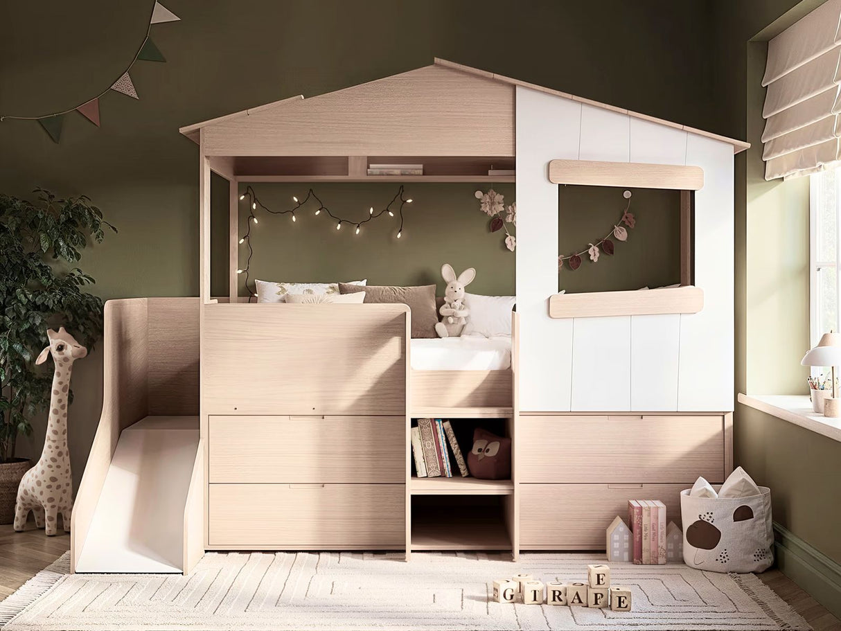 Flair Dreamland House Mid Sleeper with Slide & Storage White and Oak
