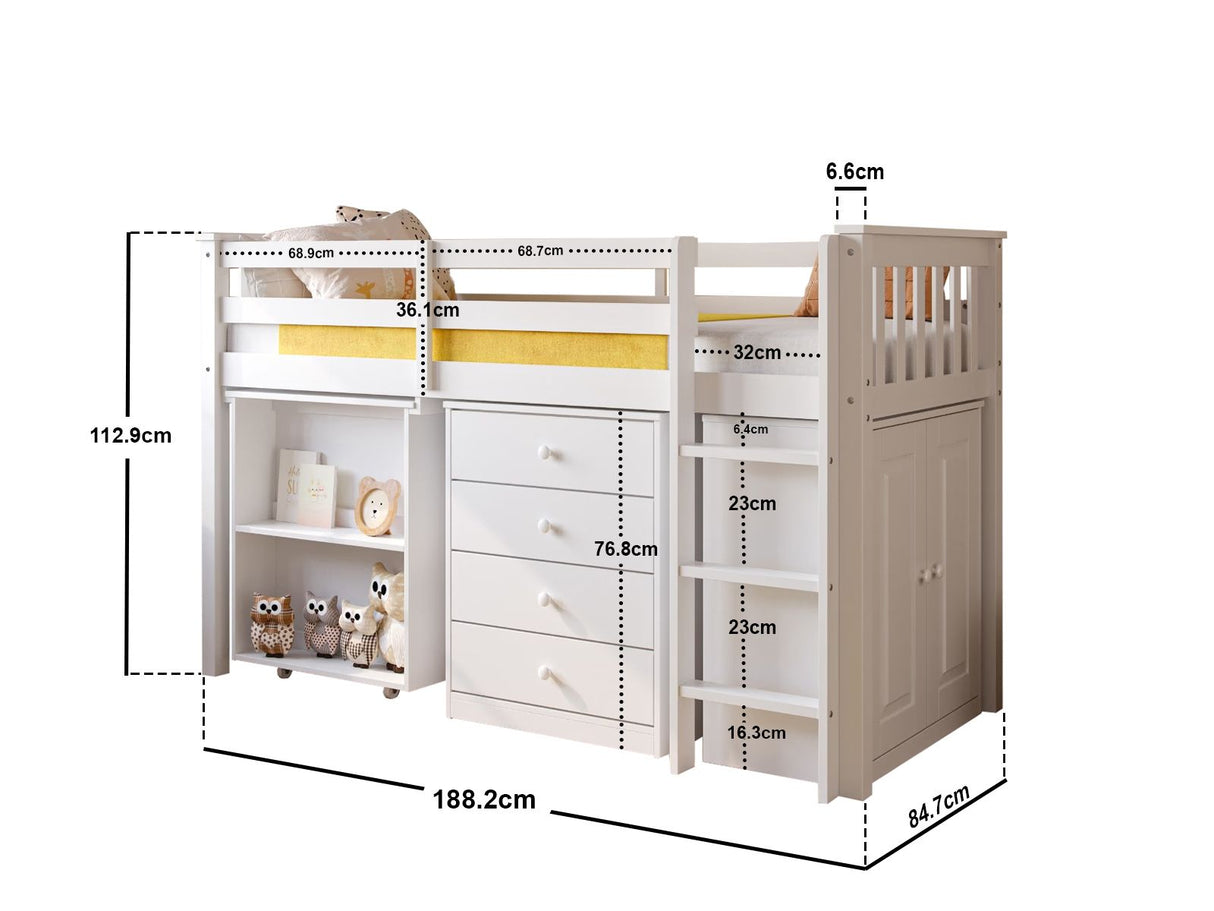 Flair Soban Shorty Cabin Bed with Desk and Storage White