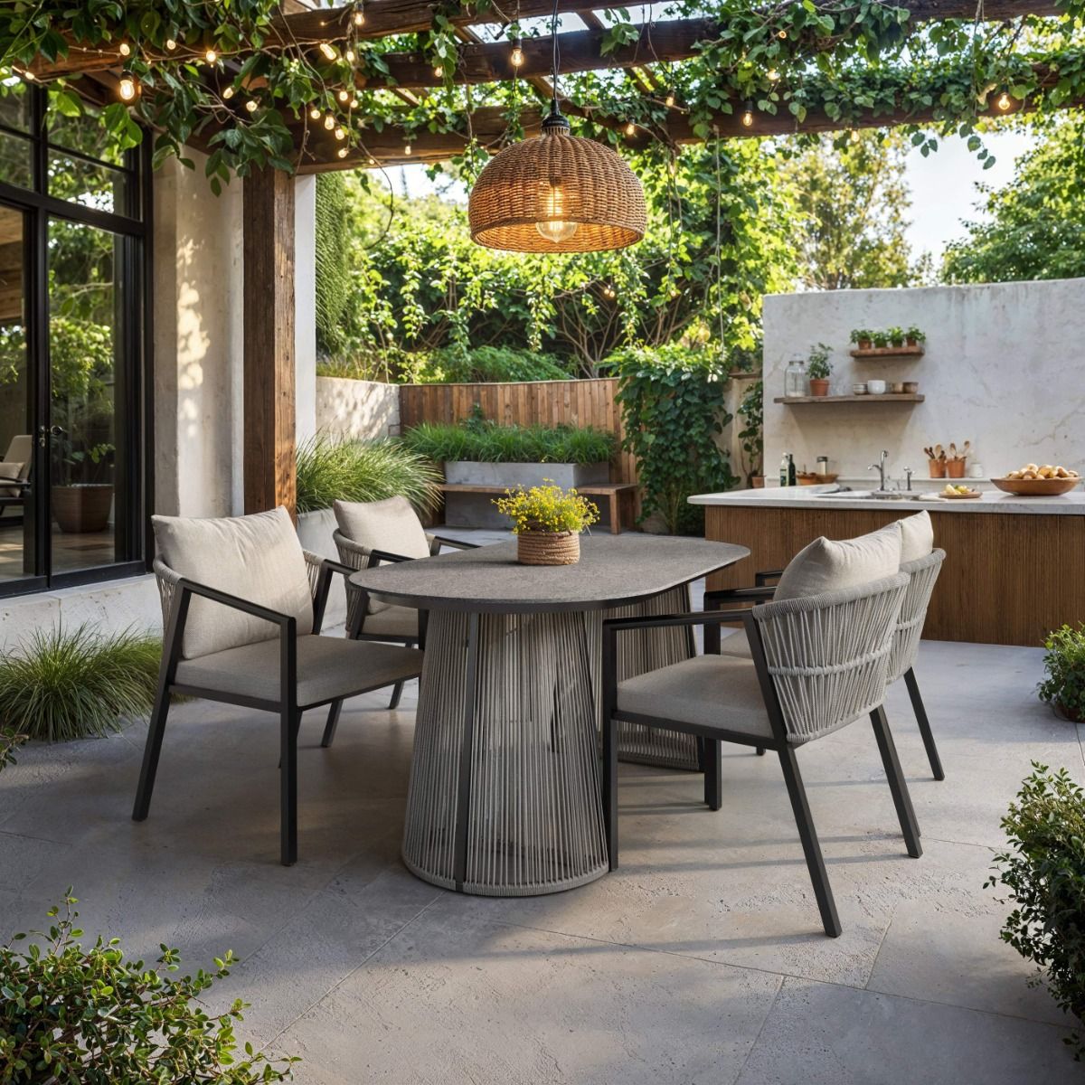 SOLACE+CO Hana Oval Garden Dining Table Grey with Lynden Chairs Set of 4 Dark Brown