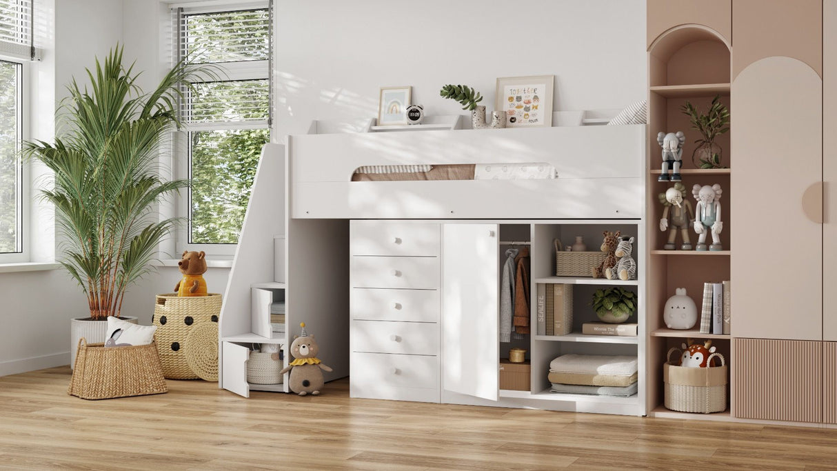 Flair Stepaside Staircase High Sleeper Storage Station White