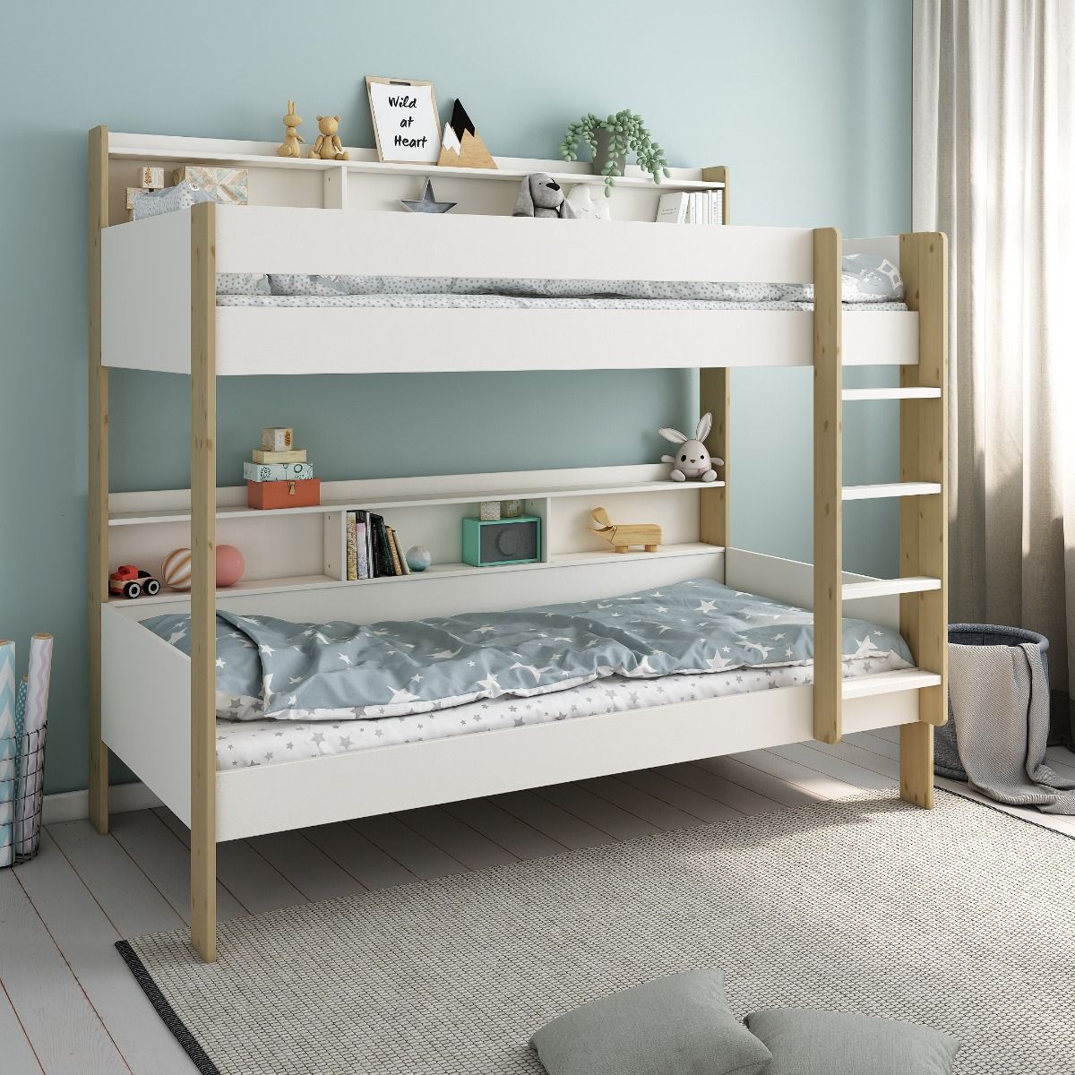 Noomi Bodie Solid Wood Storage Bunk Bed White & Oak (FSC-Certified)