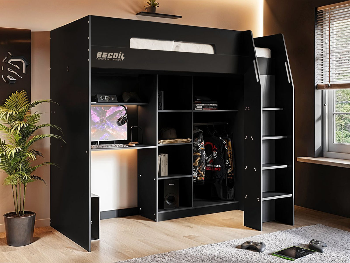 Recoil Summit Gaming High Sleeper with Wardrobe Black & Grey