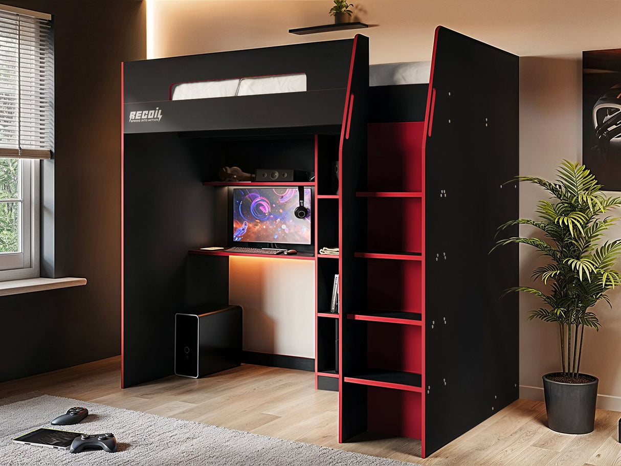 Recoil Summit Gaming High Sleeper with Wardrobe Black & Red