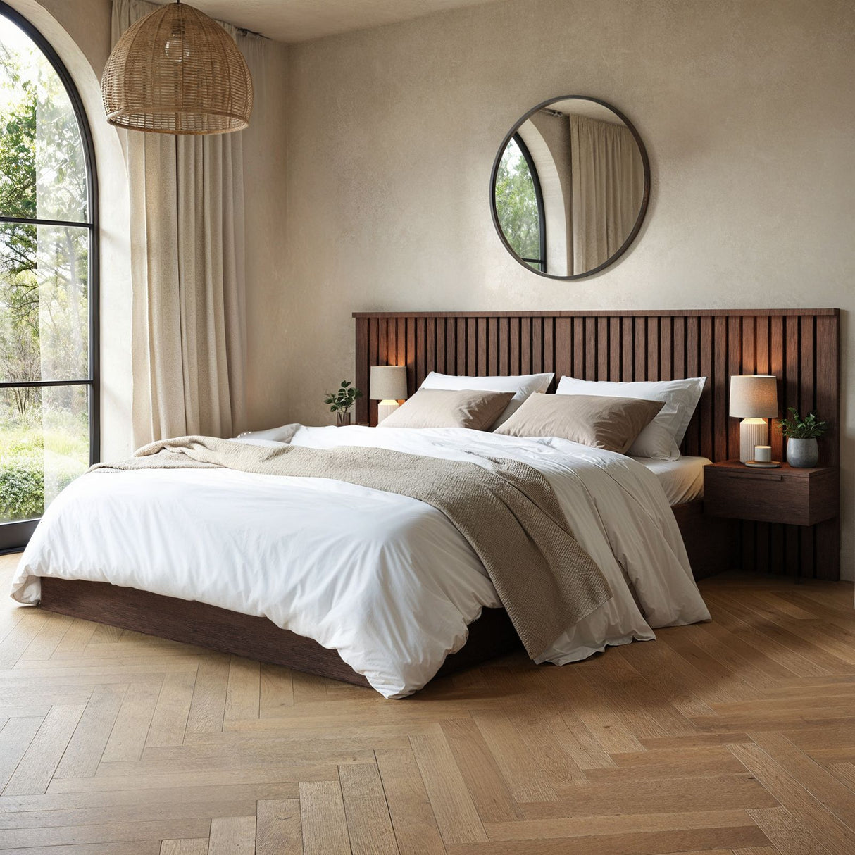 SOLACE+CO Taylor Double Hotel Ottoman Bed with Side Tables Walnut