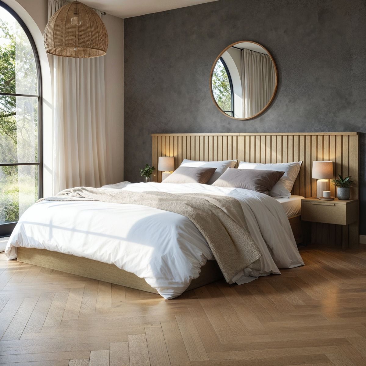 SOLACE+CO Taylor Kingsize Hotel Ottoman Bed with Side Tables Light Wood