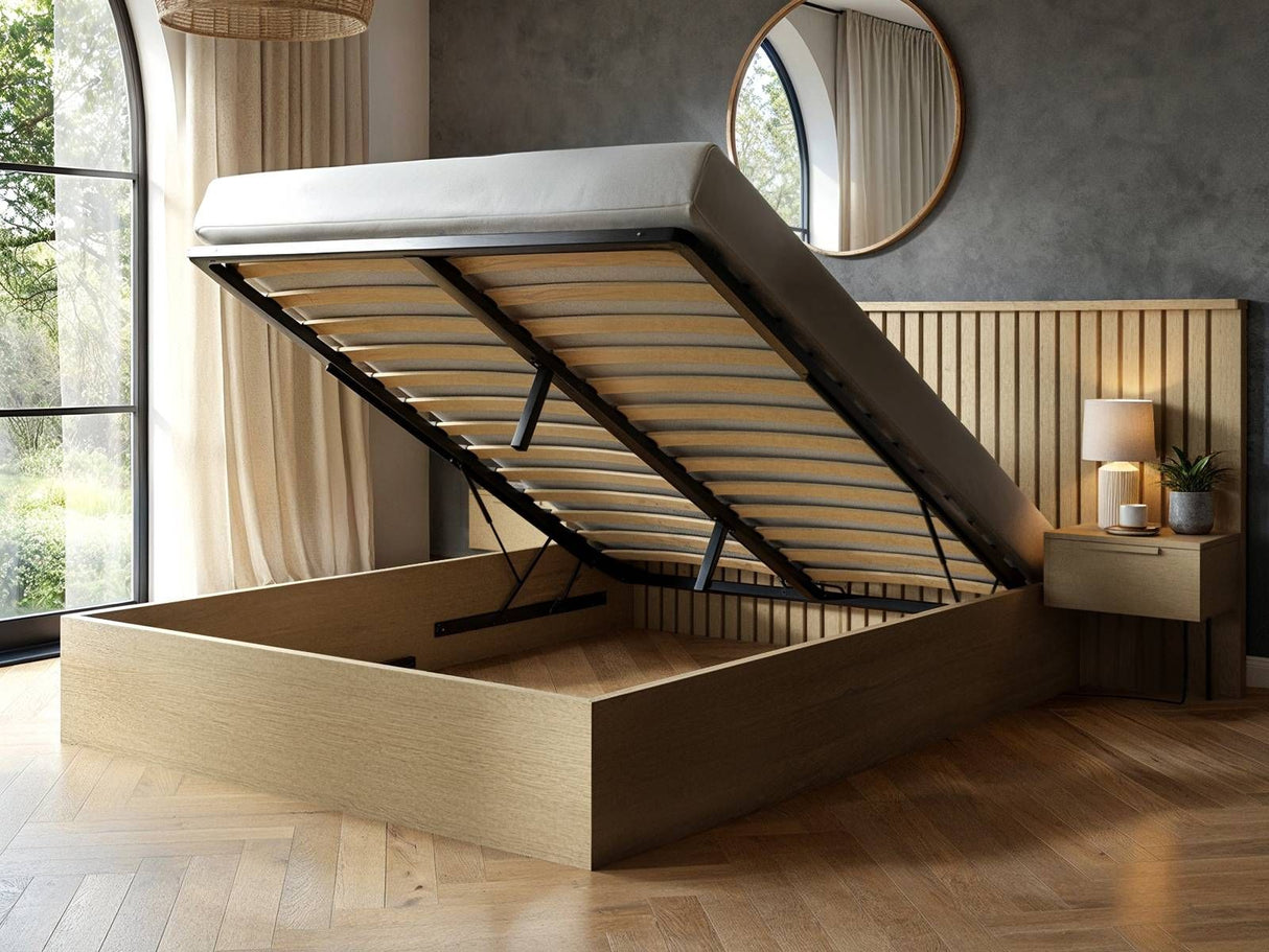 SOLACE+CO Taylor Kingsize Hotel Ottoman Bed with Side Tables Light Wood