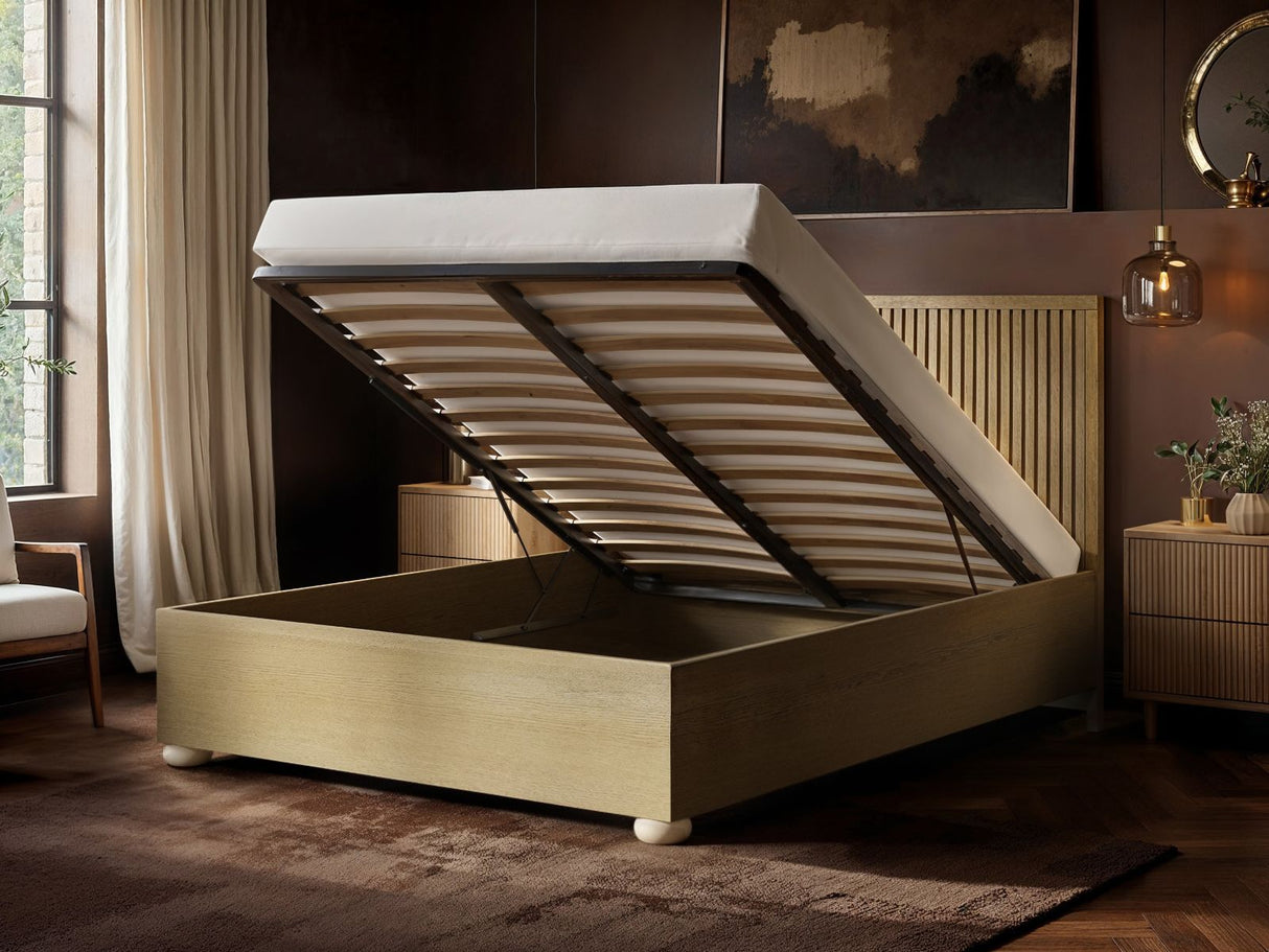 SOLACE+CO Theo Ribbed Ottoman Bed Light Wood-Double