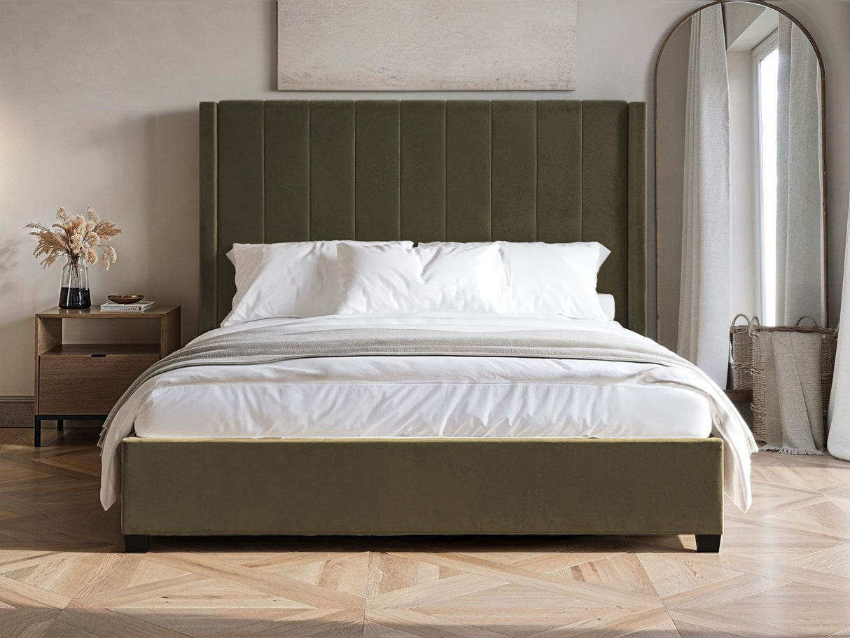 Flair Tiggy Double Ottoman Bed with Winged Headboard Khaki Velvet