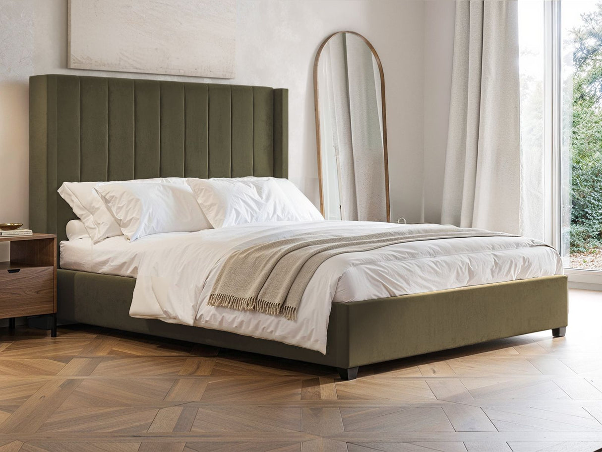 Flair Tiggy Kingsize Ottoman Bed with Winged Headboard Khaki Velvet