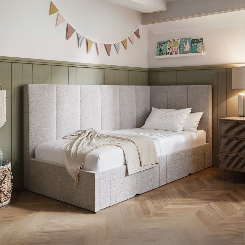 Flair Harley Boucle Corner Bed Frame with Storage Drawers Beige