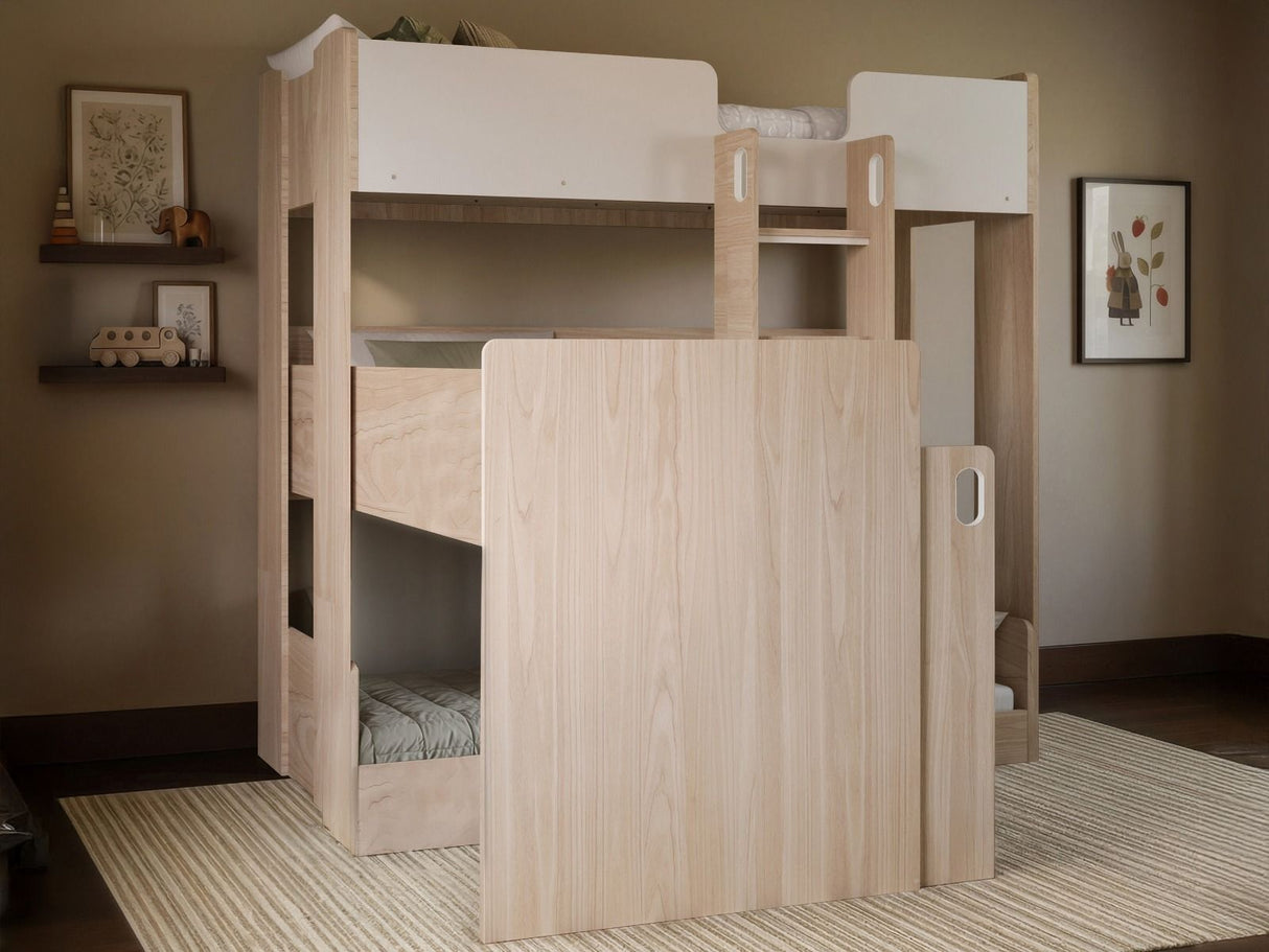 Flair Bode L-Shaped Triple Bunk Bed with Storage Shelves Oak & White