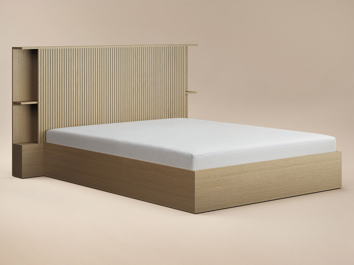 SOLACE+CO Zora Ottoman Hotel Bed with Headboard Shelves Oak Kingsize