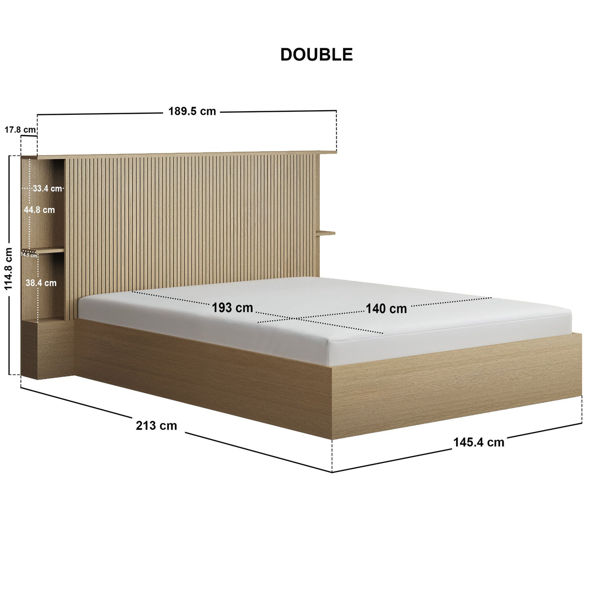 SOLACE+CO Zora Ottoman Hotel Bed with Headboard Shelves Oak Kingsize