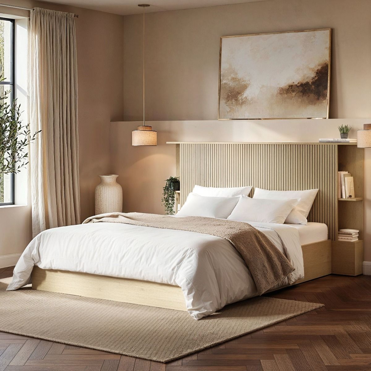 SOLACE+CO Zora Ottoman Hotel Bed with Headboard Shelves Oak Kingsize