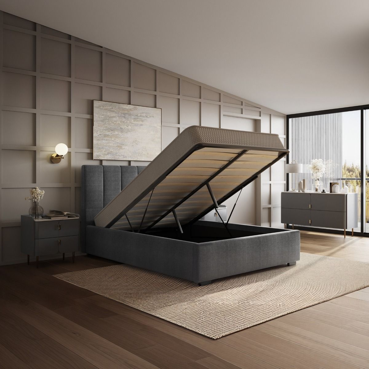Flair Waltz Kingsize Fabric Ottoman Bed Grey