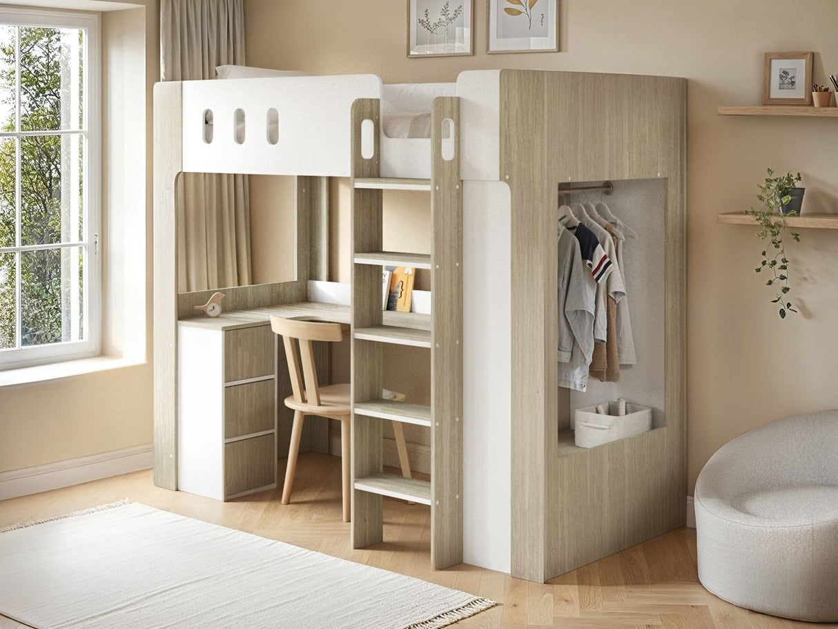 Flair Willow High Sleeper with Desk & Storage White & Oak