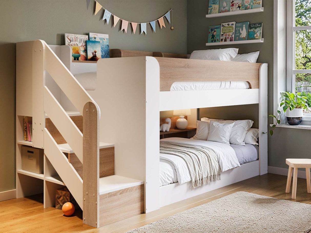 Flair Zeno Staircase Low Bunk with Storage White & Oak